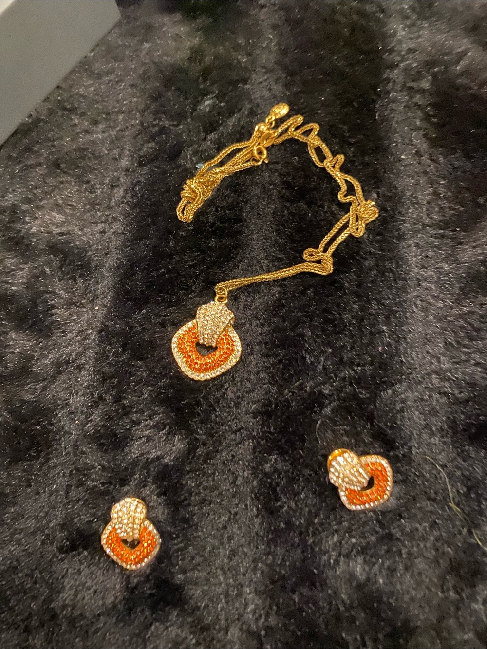 Gold-Tone Necklace and Earrings Set with Orange and Clear Crystals